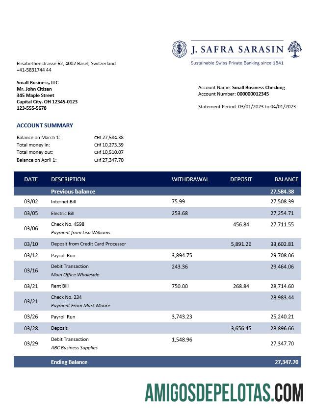 Realista J. Safra Sarasin Bank Demonstrativo Comercial Word e PDF Modelo